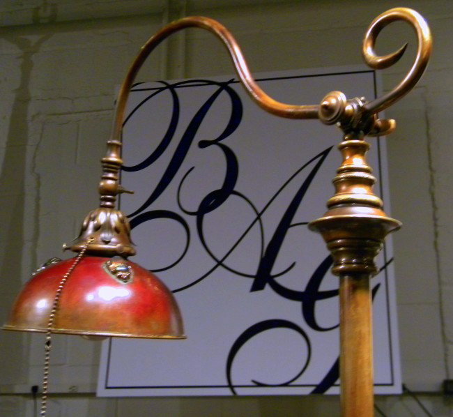 Tiffany Studio's Numbered Floor Lamp: Tiffany Studios Numbered Floor Lamp #600 with adjustable base with bronze shade decorated with small iridescent scarabs - 51" H - Vintage