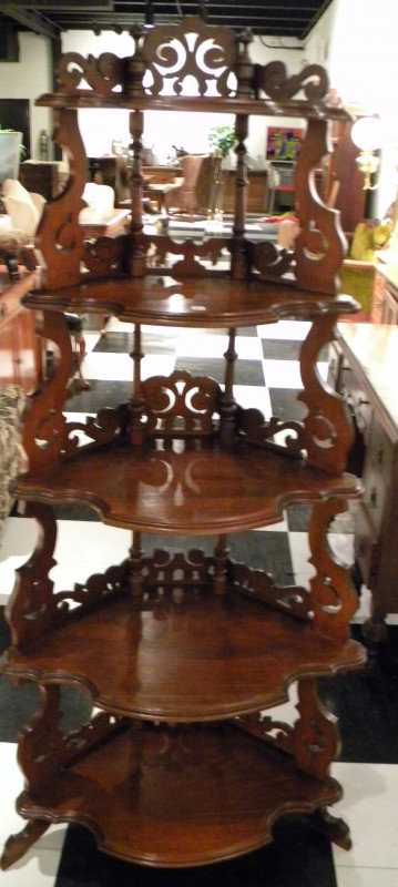 Ornate Victorian Walnut Etegere: Victorian Walnut Etagere with ornate cornice and 5 shelves, 66" high - Antique
