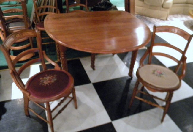 Walnut Dining Room Suite, 9 Pcs: Walnut Dining Room Suite: Oval Top Dining Table, 28" high, top 58" x 45.5", 4 leaves, pads and Secretary China Cabinet with upper glass paneled doors, 4 lower drawers, 2 lower cupboards and 6 chairs,