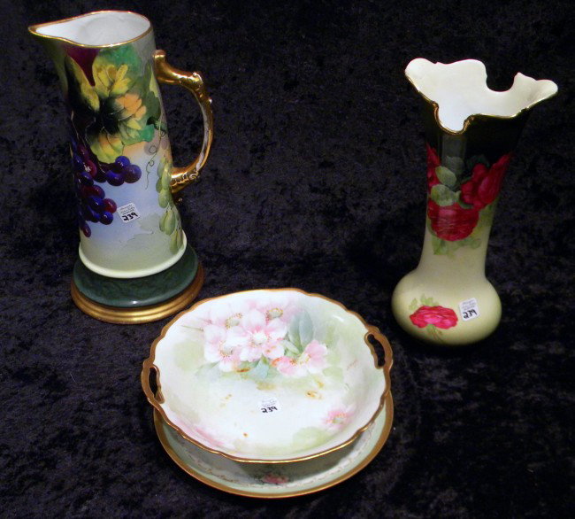 4 Porcelain Items - Tankard, Vase, Plate, etc : 4 Porcelain Items: Large Tankard Pitcher, signed France - 12" high; Ginari Bowl, signed A. Carly - 9" diameter; Bavarian Vase - 11.25" high and Haviland Plate, 8.75" diameter - Antique