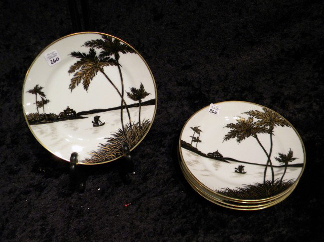 5 Nippon Porcelain Seascape Plates: 5 Nippon Porcelain Plates decorated with seascape with boat, 7.5" diameter - Vintage