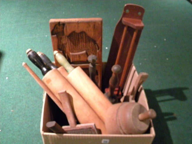Collection of Wooden Kitchen Tools: Collection of Wooden Kitchen Tools - rolling pins, pestles, large spoons, brushes, rack, butter mold, mold - Antique