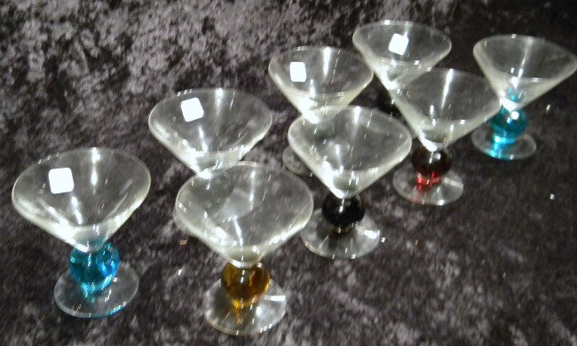 8 Martini Glasses - Colored: 8 Colored Martini Glasses - Vintage - 3 chipped