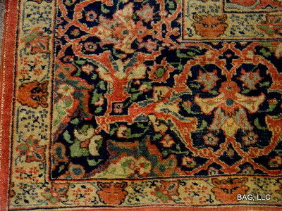 Early Antique Persian 8' x 10' Carpet, Salmon Ground: Early Persian (oriental) rug measures 8' x 10", approx 294 kpsi, wool on cotton - Blues, greens, beige, grey on salmon or pink ground, hand knotted - Condition is very good with some wear to pile and