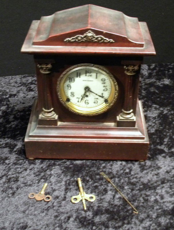 Seth Thomas Mahogany Cased Mantle Clock: Seth Thomas mahogany cased mantle clock with time & strike - not running. Antique