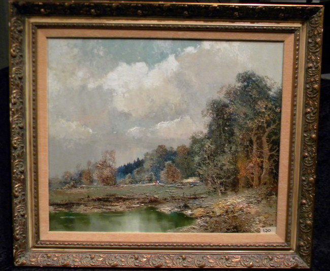 Framed Willi Bauer Signed Oil on Canvas: Framed Willi Bauer signed oil on canvas painting, country scene, 31" x 66" overall - some damage on frame.