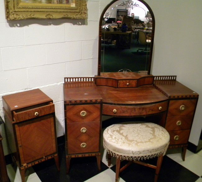 Vanity with Seat & Night Stand: Vanity with 8 Drawers, Reverse Cut Mirror, Veneer & Black Painted Decoration, Bakelite Pulls - 63" high, 47" wide; Vanity Seat - Label Made by John Widdicomb Co.- Grand Rapids, Michigan and Night Stan