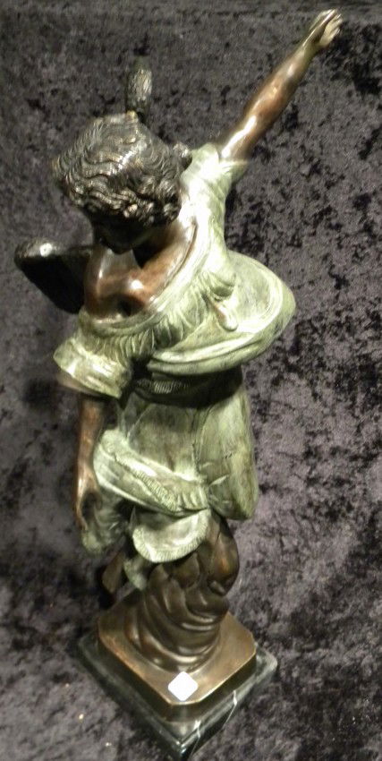 Bronze Statue of Winged Woman, Angel: Bronze statue of woman with wings on black marble base,23" high overall - modern