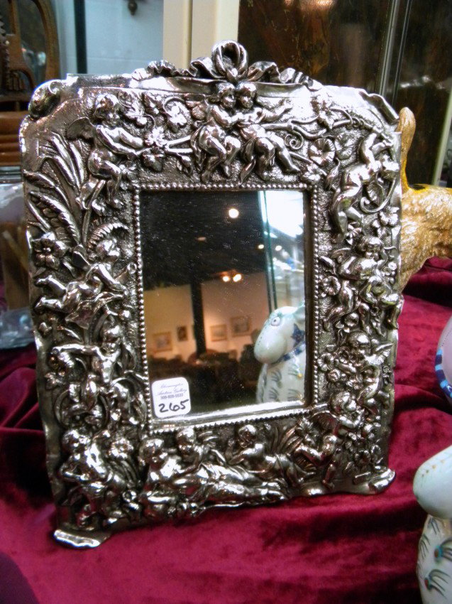 Cast Metal Mirror w/Cherubs, Modern: Cast metal table mirror with cherubs, 10" x 7.75" overall - modern