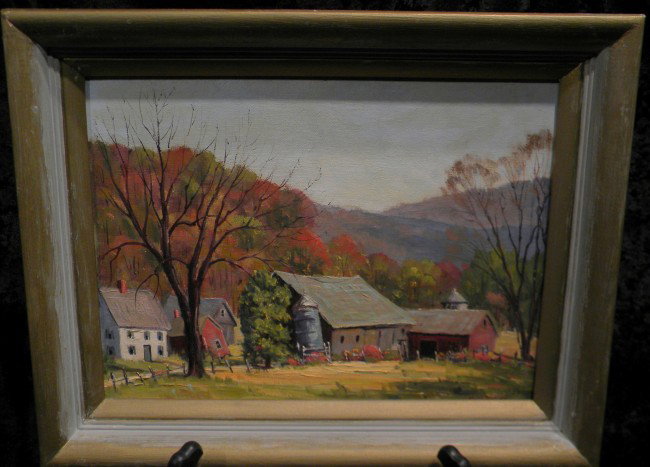 Framed Oil on Board, Signed Mary Bigelow: Framed oil on board, barn scene, signed Mary Bigelow, 15" x 19.5" overall.