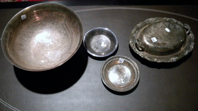 4 Silver Plated Items; Bowl, 2 Dishes, Casserole: 4 Silver plated items: large footed bowl, 2 small dishes and 2-handled covered casserole.