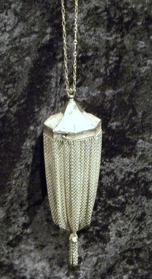 Silver Metal Armor Mesh Evening Purse w/Blue Stone: Silver metal Armor mesh evening purse with blue stone closure and interior mirror. Vintage