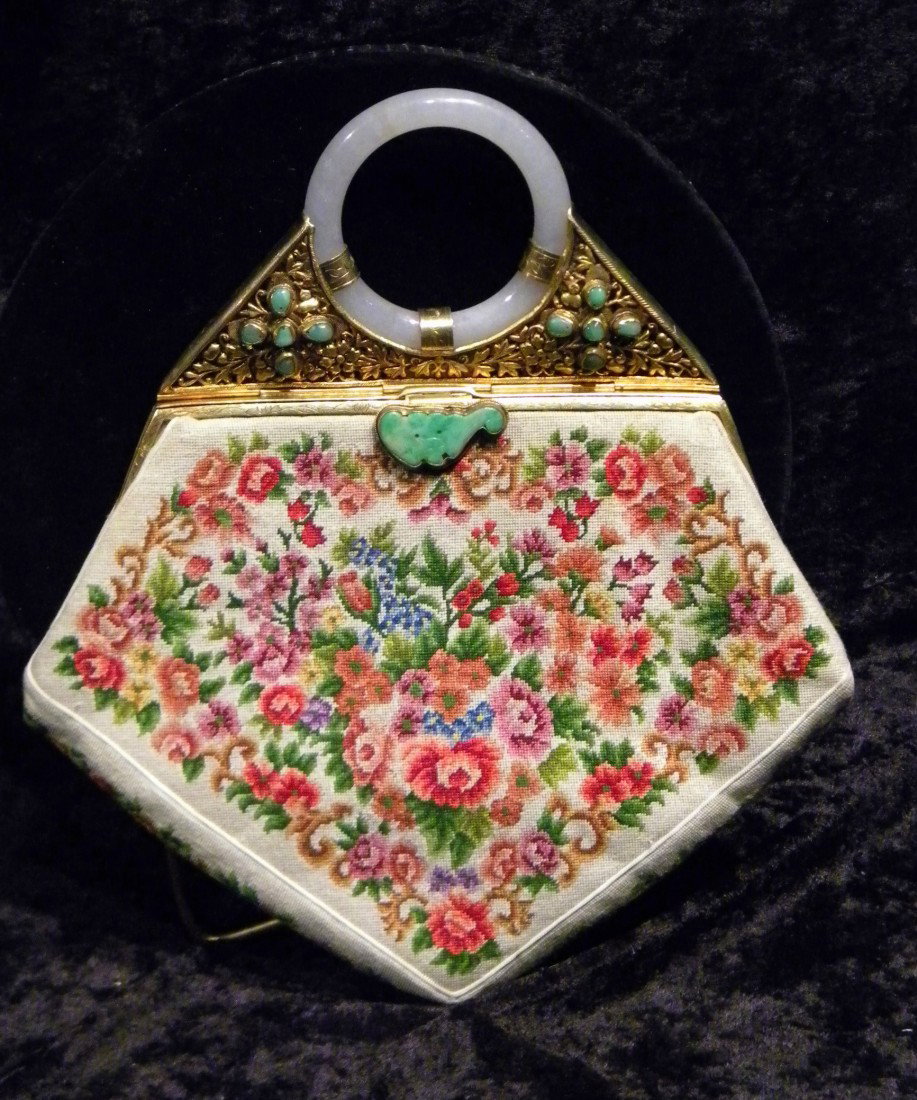 Marshall Fields White Petit Point Embroidered Purse w/J: Marshall Fields white petit point embroidered purse with jade handle and trim. Handmade in China. Original advertisement enclosed. Vintage