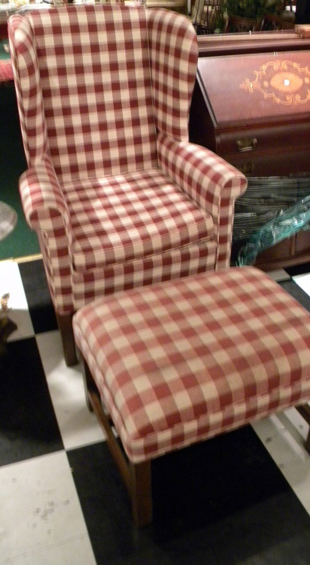Red/White Gingham Chair & Footstool THE SERAPH: Red & white Gingham upholstered wingback "Marlboro" arm chair by "The Seraph" with matching upholstered footstool. Label intact (Fabric on footstool faded) ***Shipping Arrangements: DUE TO THE LARGE N