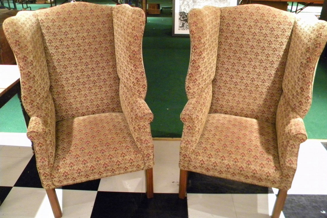 Pr Wingback "Devonshire Chairs - The Seraph: Pair upholstered wingback "Devonshire" arm chairs by "The Seraph" with lotus motif fabric - labels intact. GOOD CONDITION ***Shipping Arrangements: DUE TO THE LARGE NATURE OF THIS ITEM, IT IS THE BUYE