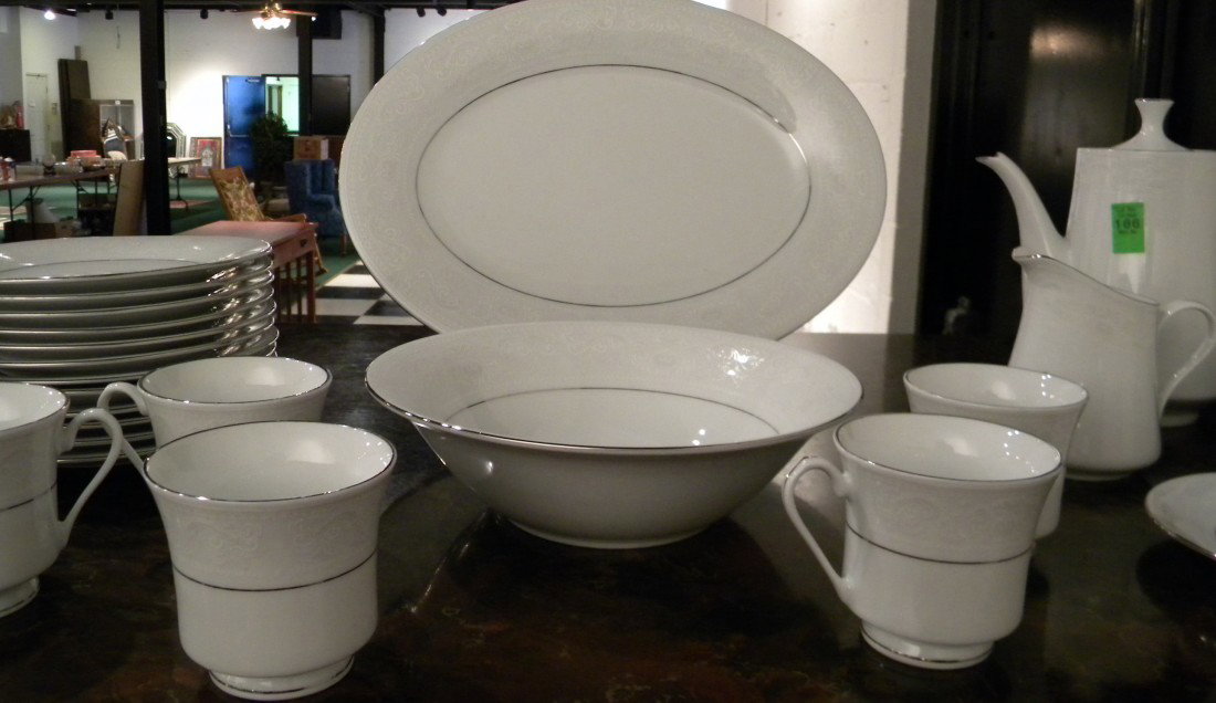 67 Pcs Fairfield, "Crochet" Pattern, Dinnerware: Fairfield porcelain, "Crochet" pattern, dinnerware: 12 dinner plates, 12 salad plates, 12 soup bowls, 14 cups, 12 saucers, lidded sugar, creamer, coffee pot, round serving bowl and oval serving platte