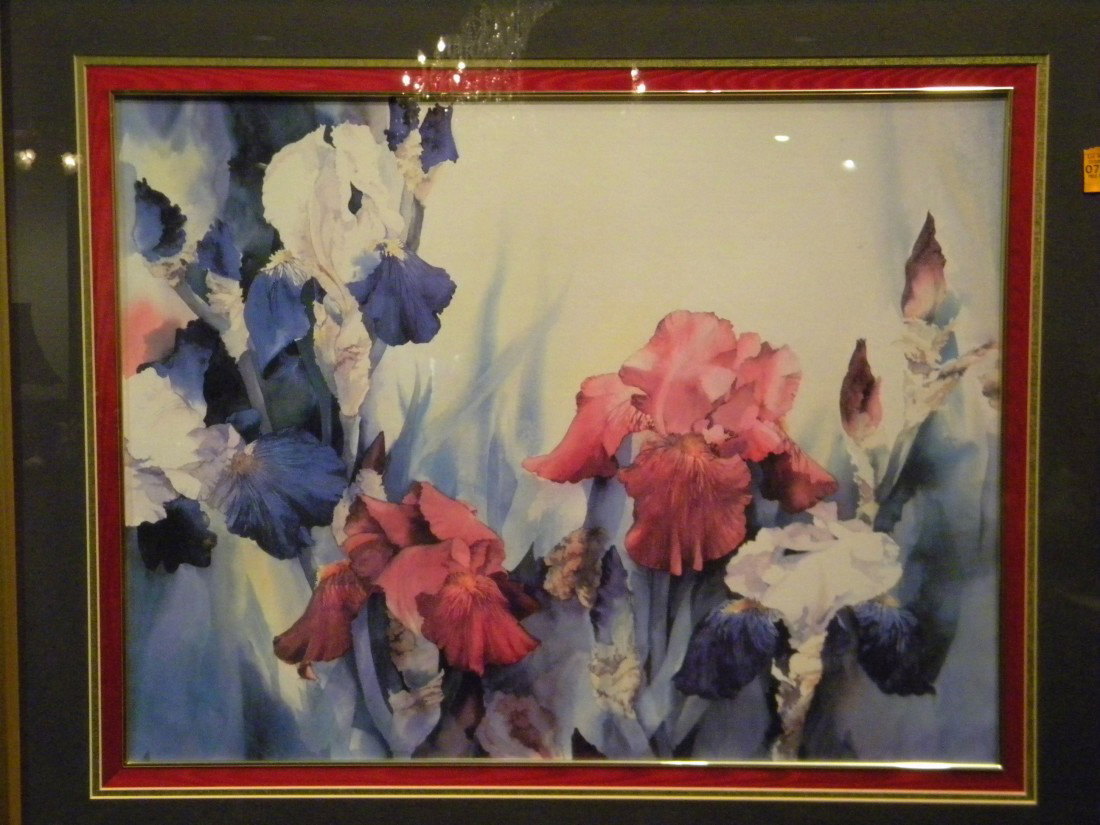 Framed Decorator Print, Iris in Landscape: Framed decorator print, irises in landscape, 30" x 36" overall.