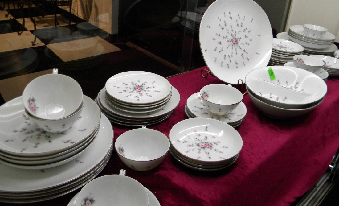 60 Pcs Harmony House, "Rosebud" Pattern, Dinnerware: Harmony House porcelain dinnerware, "Rosebud" pattern: 8 dinner plates, 8 bread plates, 8 salad plates, 8 desert plates, 8 soup bowls, 7 cups, 8 saucers, lidded sugar, creamer, oval platter, oval vege