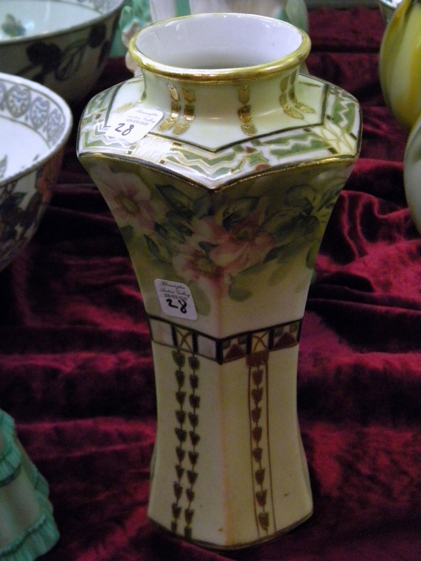 Nippon Hand Painted Porcelain Vase: Nippon hand painted porcelain vase decorated with flowers & gold leaf, 10" high.
