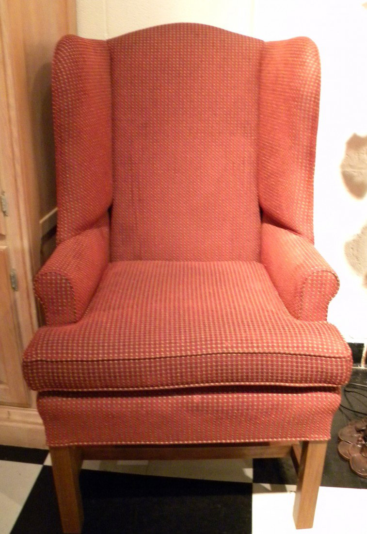 Wingback Arm Chair w/Rust Colored Fabric - THE SERAPH: Wingback arm chair with rust colored fabric upholstery, by "The Seraph". EXCELLENT CONDITION