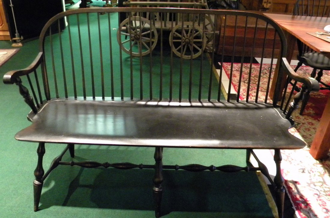Black Painted Pine Windsor Settee - THE SERAPH: Black stained pine Windsor style settee by "The Seraph", 56.5" wide. Vintage. VERY GOOD CONDITION ***Shipping Arrangements: DUE TO THE LARGE NATURE OF THIS ITEM, IT IS THE BUYER'S RESPONSIBILITY TO AR