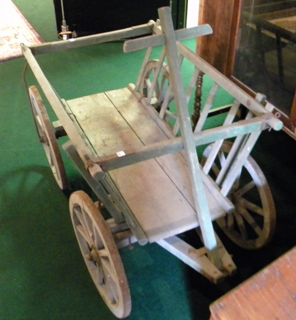 Primitive Wooden Goat Cart: Primitive wooden goat cart, 26" high (w/o handle), 27" wide, 46" long. ***Shipping Arrangements: DUE TO THE LARGE NATURE OF THIS ITEM, IT IS THE BUYER'S RESPONSIBILITY TO ARRANGE FOR PACKING & SHIPPIN