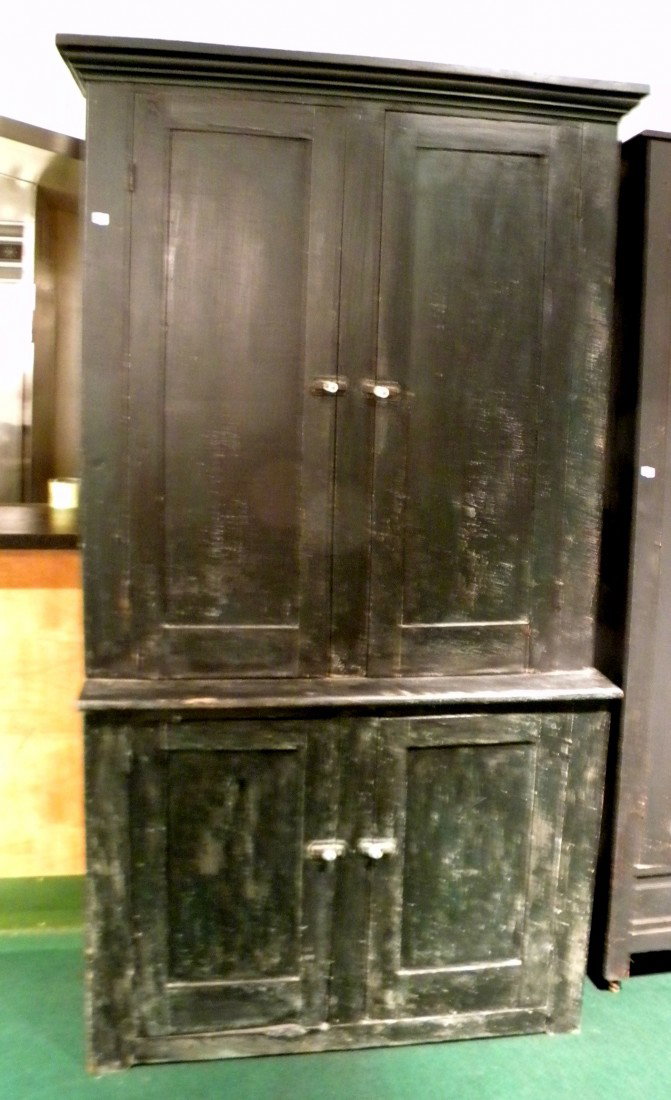 Primitive Black Painted Step-Back Cupboard: Primitive black painted step-back cupboard with 4 doors with interior shelving, 82" high, 43.25" wide. Antique. Fair condition ***Shipping Arrangements: DUE TO THE LARGE NATURE OF THIS ITEM, IT IS THE