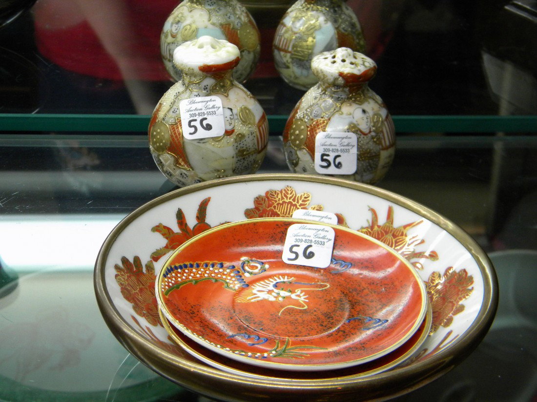 5 Red and Gold painted Oriental Items: 5 red and gold painted porcelain items: salt & pepper shaker; brass encased dish decorated w/flowers and birds and two saucer decorated with hand painted dragons, stamped J.B. Betson's China