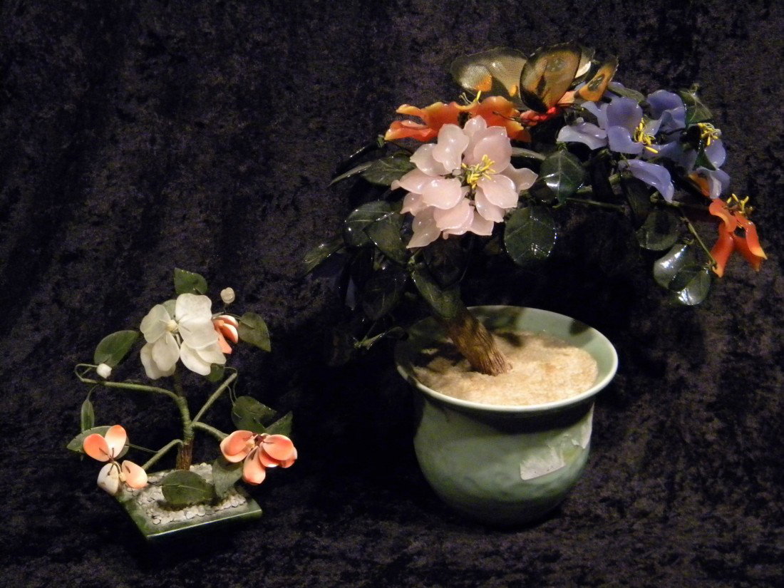 2 Colored Glass Potted Flowers in Ceramic Pots: Lot of 2 colored glass potted flowers in ceramic pots: 1 with butterflies - 12" high and 1 with white & pink flowers - 6.5" high overall.