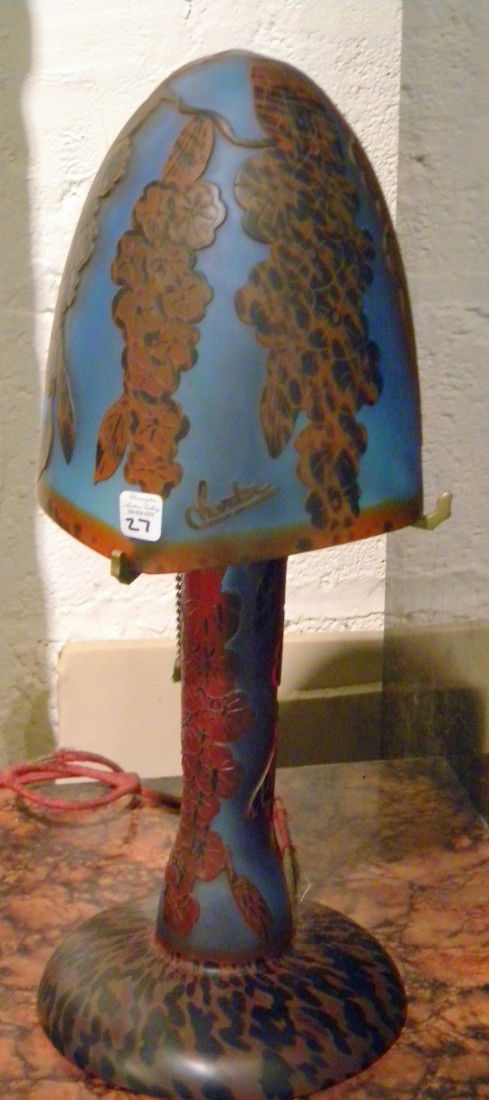 Vintage Blue Cameo Glass Table Lamp, Signed Charder: Vintage blue Cameo glass table lamp decorated with brown flowers and leaves, signed Charder on shade, 18" high - cord fraying. PLEASE NOTE: Due to the fragile nature of this item, Bloomington Auction