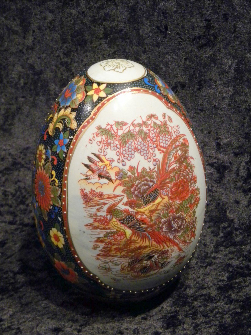 Porcelain Painted Egg dec w/Flowers & Roosters: Porcelain painted egg decorated with flowers and roosters, 9" high.