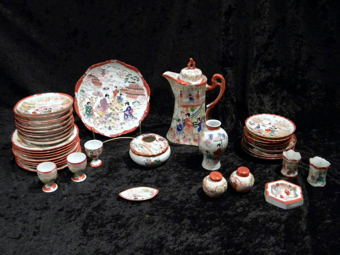 Misc. Japanese White Porcelain Items w/Asian Design: Japanese white porcelain decorated with Asian design: coffee pot, vase, 2 toothpicks, 3 egg cups, salt & pepper, ashtray, open salt, potpourri dish (chipped on rim), 10 plates (2 chipped) and 19 sauce