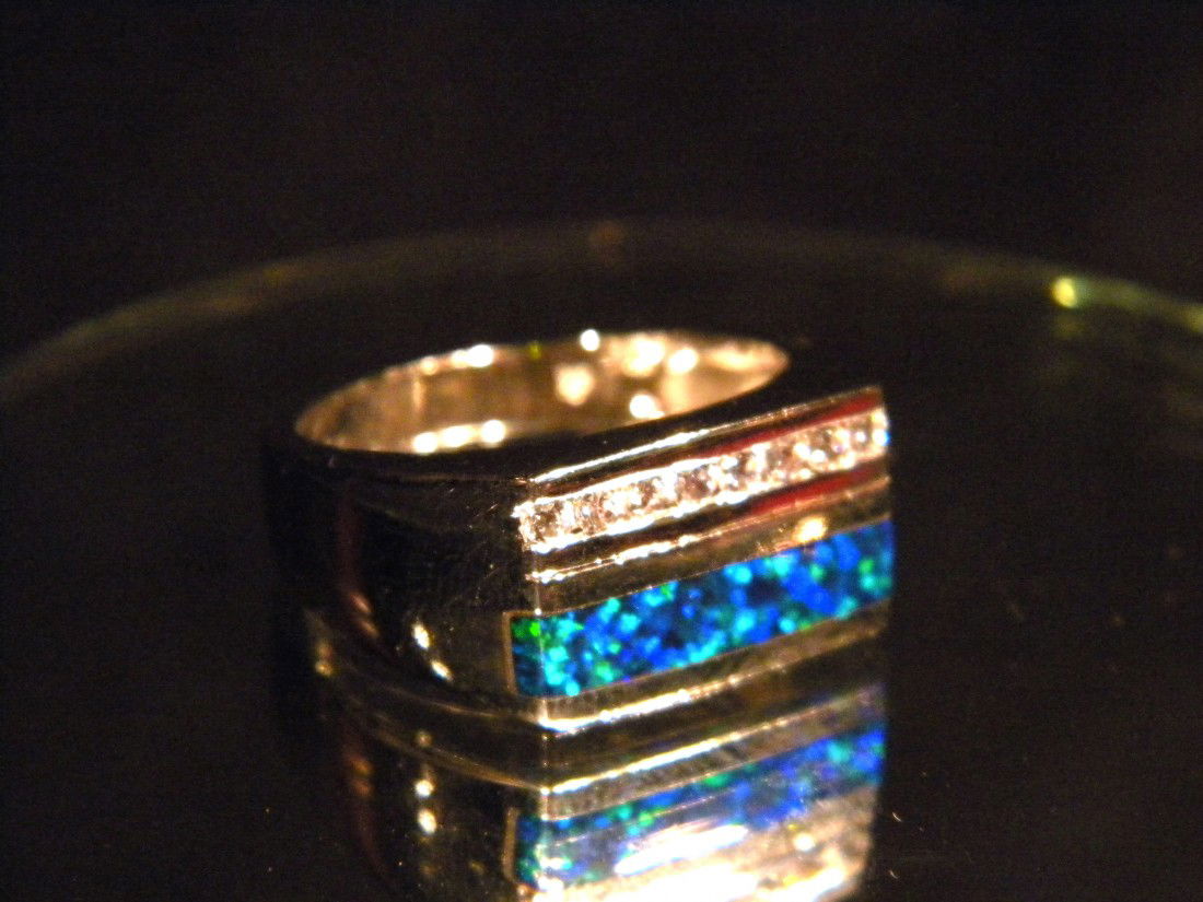 Men's Sterling Silver Ring w/Black Opal & 8 Diamonds: Men's sterling silver ring set with black opal and 8 small diamonds, size 10