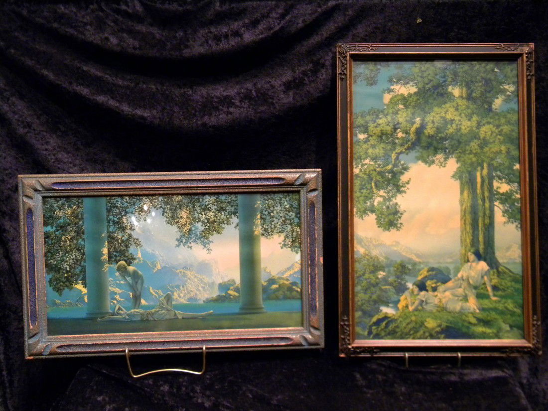 2 Vintage Framed Maxfield Parrish Prints: Two vintage framed Maxfield Parrish prints: "Daybreak" - 12.5" x 20.5" overall and "Hilltop" - 22" x 14" overall - both marked copyright House of Art, N.Y.