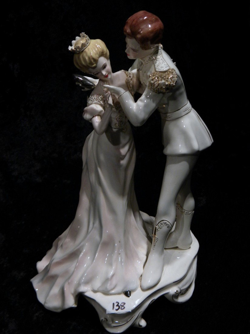 Florence Ceramics, California Figural Group "Cinderella: Florence Ceramics, California glazed figural group: "Cinderella" dancing with Prince Charming, 12" high - crown has minor damage.****DUE TO THE FRAGILE NATURE OF THIS ITEM, WE STRONGLY RECOMMEND PROFE