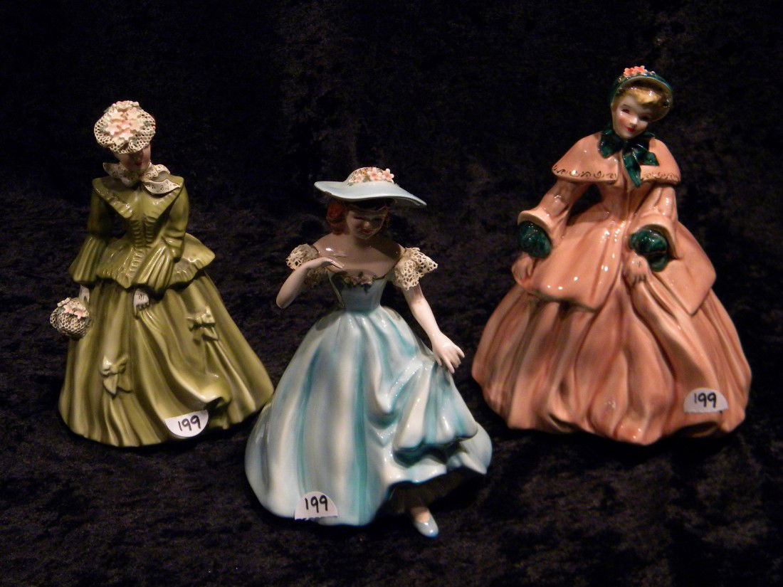 3 Florence Ceramics, California Figurines: Three Florence Ceramics, California glazed figurines: "Tess" - 7" high- some minor damage to lace; "Sarah" - 7.25" high and "Abigal" - 8" high.****DUE TO THE FRAGILE NATURE OF THIS ITEM, WE STRONGLY R