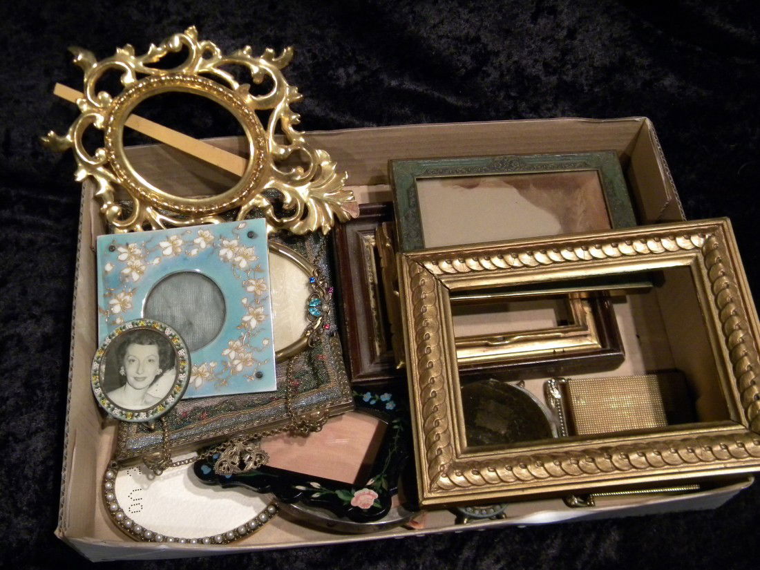 13 Small Frames, Beaded Purse & 2 Powder Compacts: Collection of 13 small frames including: early ornately carved & gilded; micro mosaic; oval sterling silver; beaded evening purse and two powder compacts.