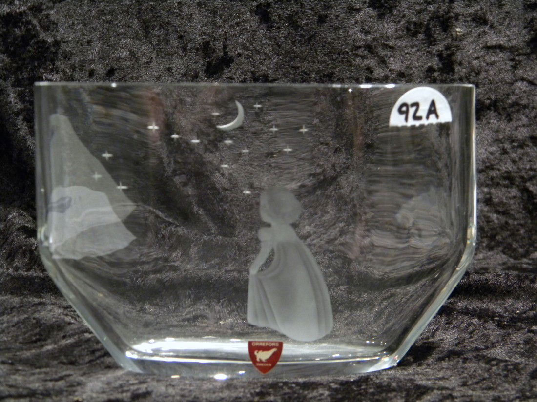Orrefors Glass Vase w/Figure of Girl Looking @Moon: Orrefors heavy glass crystal vase with etched figure of young girl looking at moon & stars, 4.25" high, 2.25" wide - with original label.