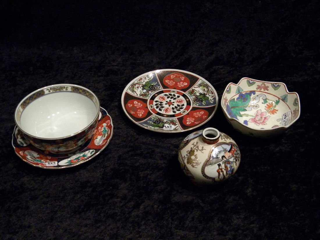 5 Oriental Porcelain Items: 5 Oriental porcelain items: hand painted Nippon bud vase, Imari Japan plate, Japanese Andrea by Sadek plate and 2 signed rice bowls.