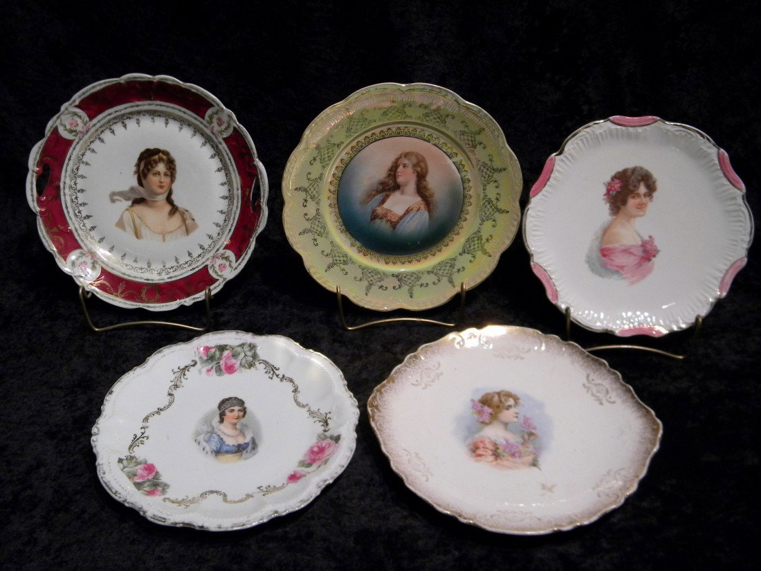 5 Porcelain Transfer Printed Plates: 5 Porcelain transfer printed plates decorated with women - one marked Limoges - some scratching - antique - approx. 10" diam