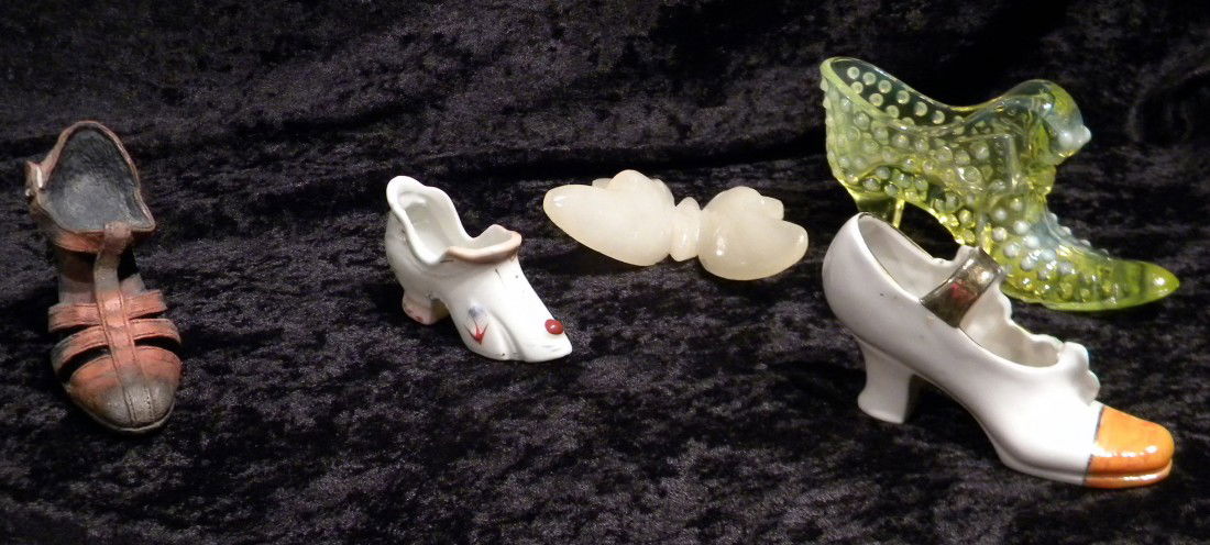 Misc. Items: Alabaster Butterfly & 4 Porc & Glass Shoes: Miscellaneous items: hand carved Alabaster butterfly, made in Italy; 2 porcelain shoes, marked Germany & Occupied Japan; yellow hobnail glass shoe and pottery brown high heel shoe.
