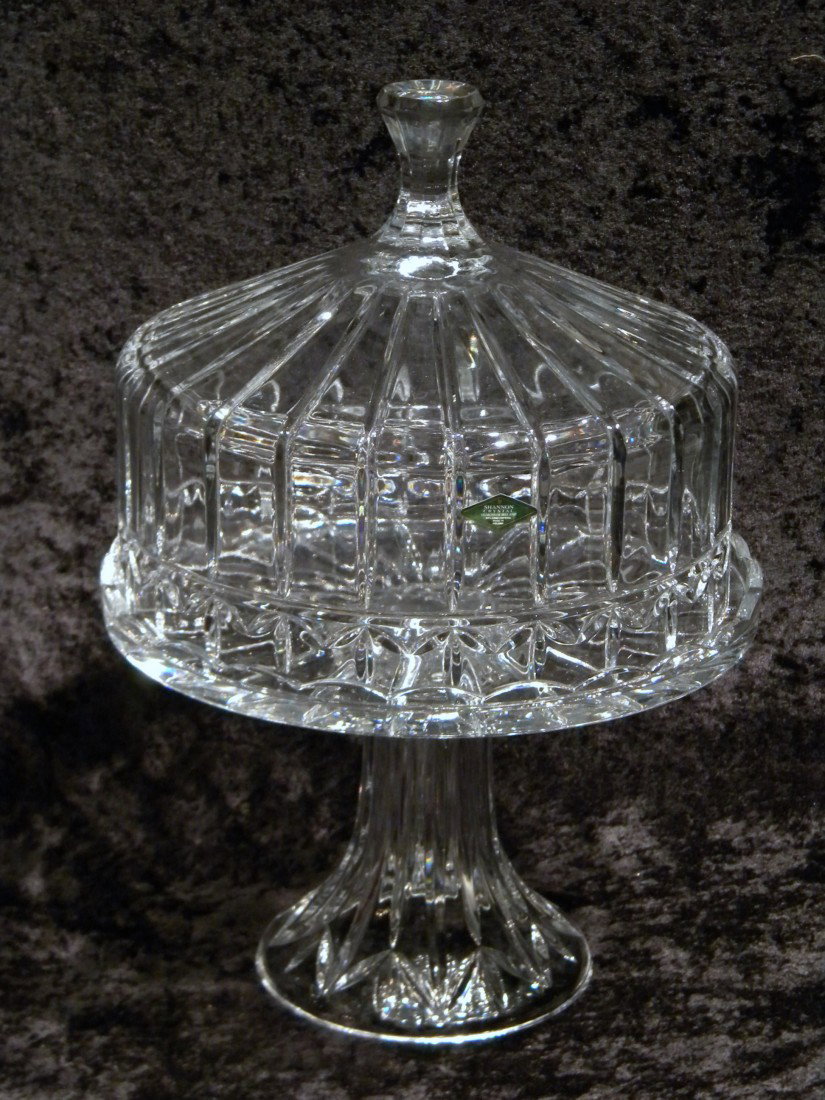 Shannon Godinger 24% Lead Crystal "Olympia Crystal" Dom: Shannon Godinger 24% Lead Crystal "Olympia Crystal" domed cake plate, 17" high, 12" diameter. New in Box.