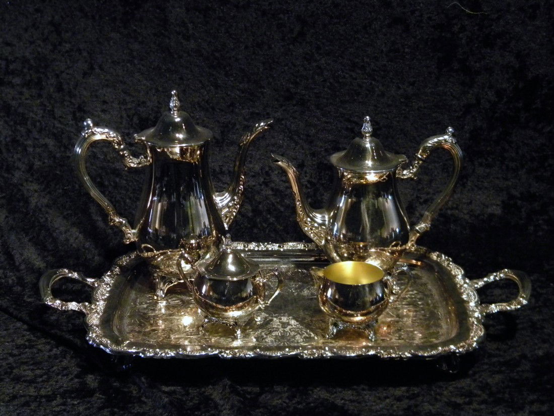 Oneida 5 Pc Silver Plated Tea Set: Oneida 5 piece silver plated tea set, "DuMaurier" pattern, in original box: Coffee pot 11" high, lidded sugar 5", tea pot 9.5", creamer 3" serving tray 24.5" x 13" overall - Vintage