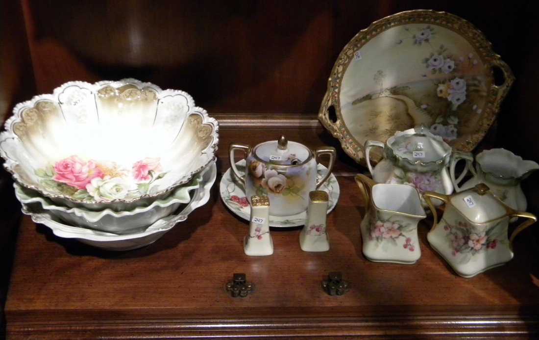 Collection of Porcelain items: R.S. Prussia, Nippon,: Collection of Porcelain items: 3 Round Bowls- one R.S. Prussia, R.S. Prussia sugar and lidded creamer, Nippon sugar and plate, Bavarian lidded sugar, creamer, plate and pair salts - Antique