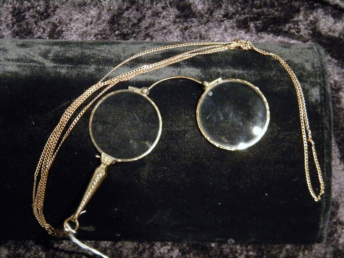 Folding Lorgnette, Stamped F&B: Folding lorgnette, stamped F&B on gold metal link chain.