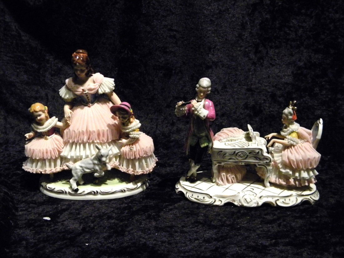 2 Dresden style glazed porcelain figural groups: lady i: 2 Dresden style glazed porcelain figural groups: lady in pink & white dress holding hands with 2 young girls and lamb at feet, marked on base in blue Dresden Art made in Germany, 8.25" high, 8" wide a