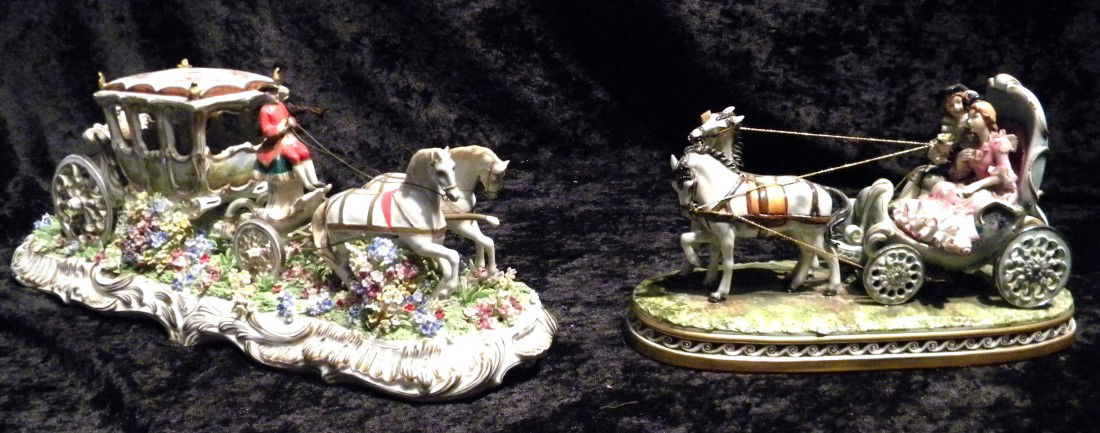 2 Glazed Porcelain Figural Groups: Capodimonte Style & : Two glazed porcelain figural groups: Capodimonte style man and woman in open horse drawn carriage, marked in black (Crown) N Capodimonte, made in Italy, signed & carved Cortese, 6.5" high, 10.5" wide