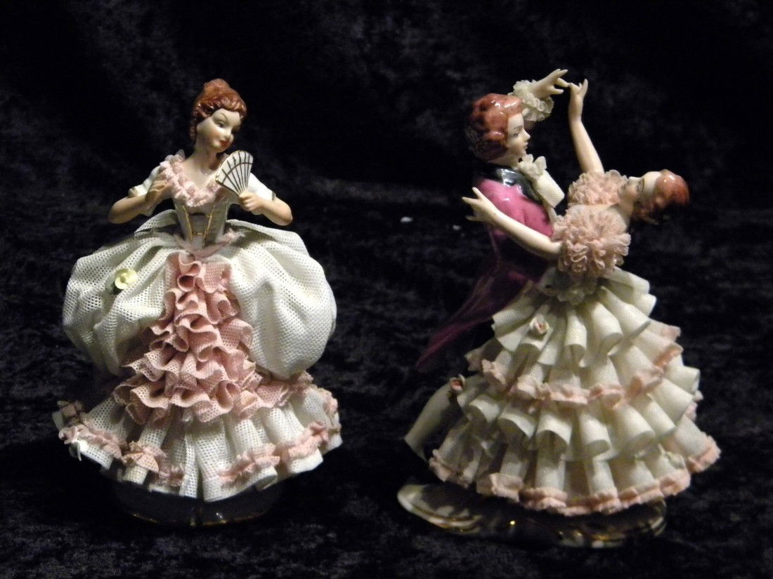 2 Dresden Style Glazed Porcelain Figural Groups: 2 Dresden style glazed porcelain figural groups: standing woman holding fan, marked in blue (Crown) N Dresden made in Western Germany, 6" high and man and woman ballroom dancing, marked Dresden Art ma