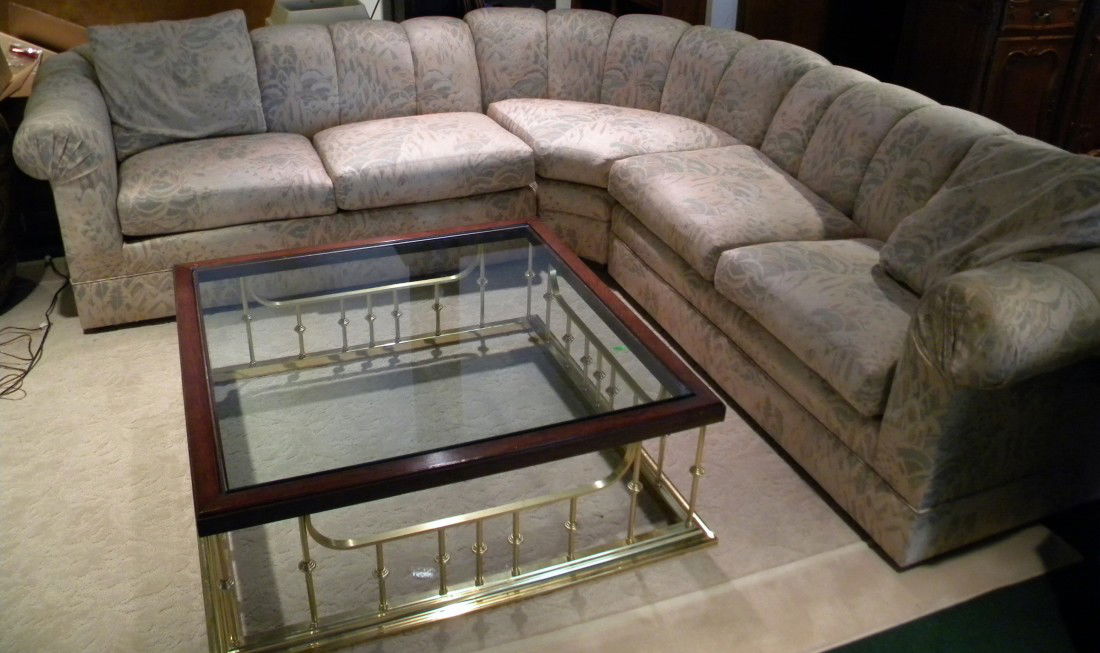 3-Piece Thomasville Sectional Sofa: 3-Piece sectional sofa with pink and blue floral upholstery, marked Thomasville, some wear on left arm, 16' from arm to arm. From Lippman's in Peoria