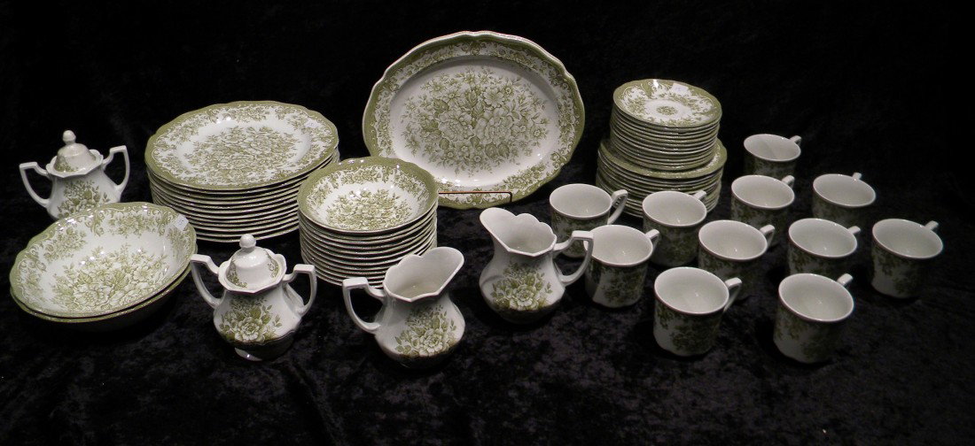 66 Pcs JG Meakin Ironstone "Avondale" Dinnerware, Green: 66 Pieces JG Meakin ironstone, "Avondale" pattern, dinnerware decorated with green flowers: 12 dinner plates, 12 salad plates, 12 cereal bowls, 11 cups, 11 saucers, 2 lidded creamers, 2 creamers, 2 se